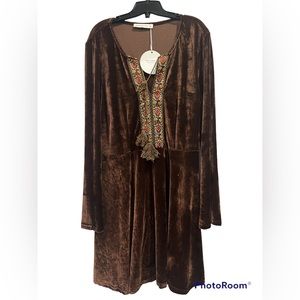 Rusttydustty Embroidery Detail Tassel Tie Front Velvet A-Line Dress